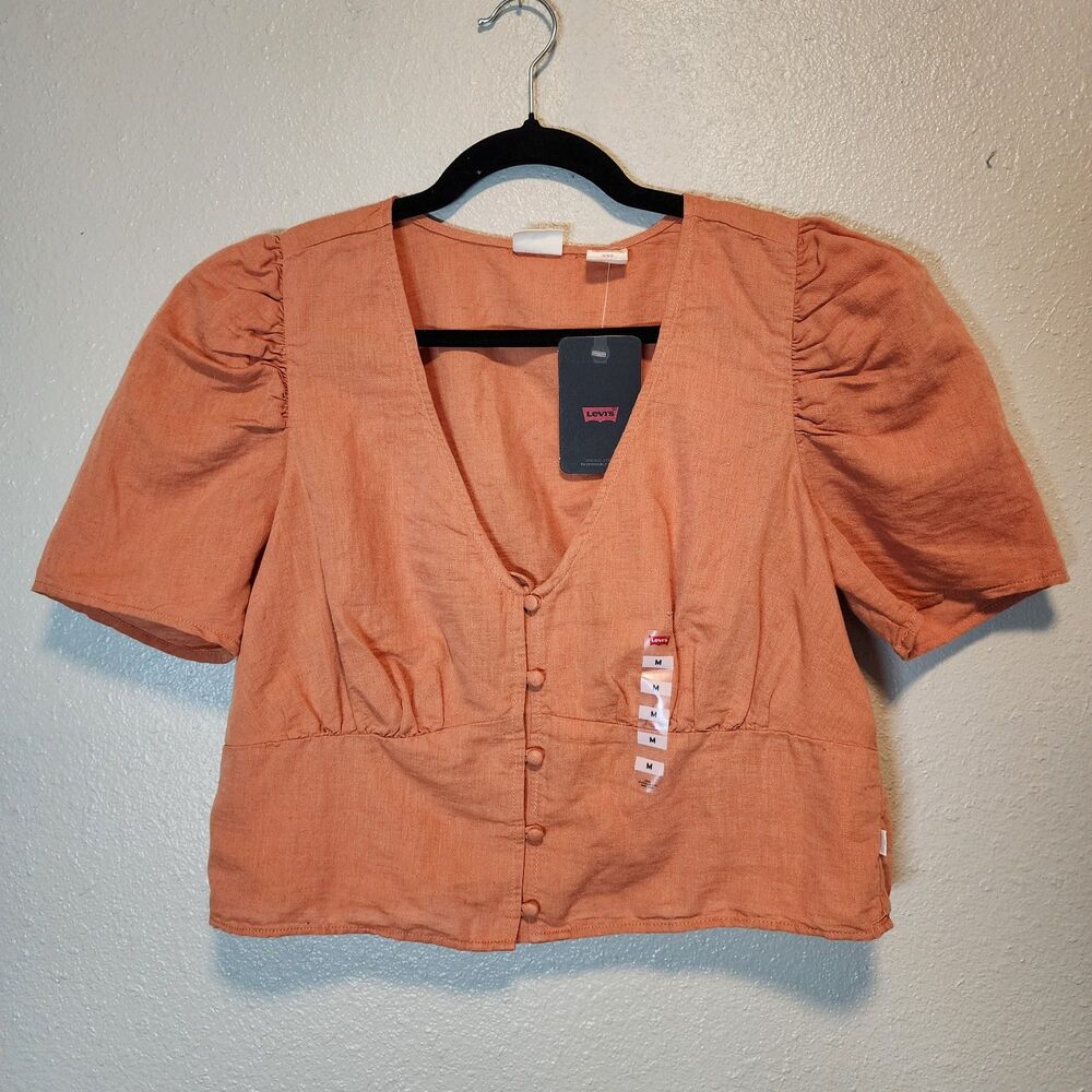 NWT Levis Womens Medium Rust Orange Linen Blend Luisa Puff Sleeve Crop Top